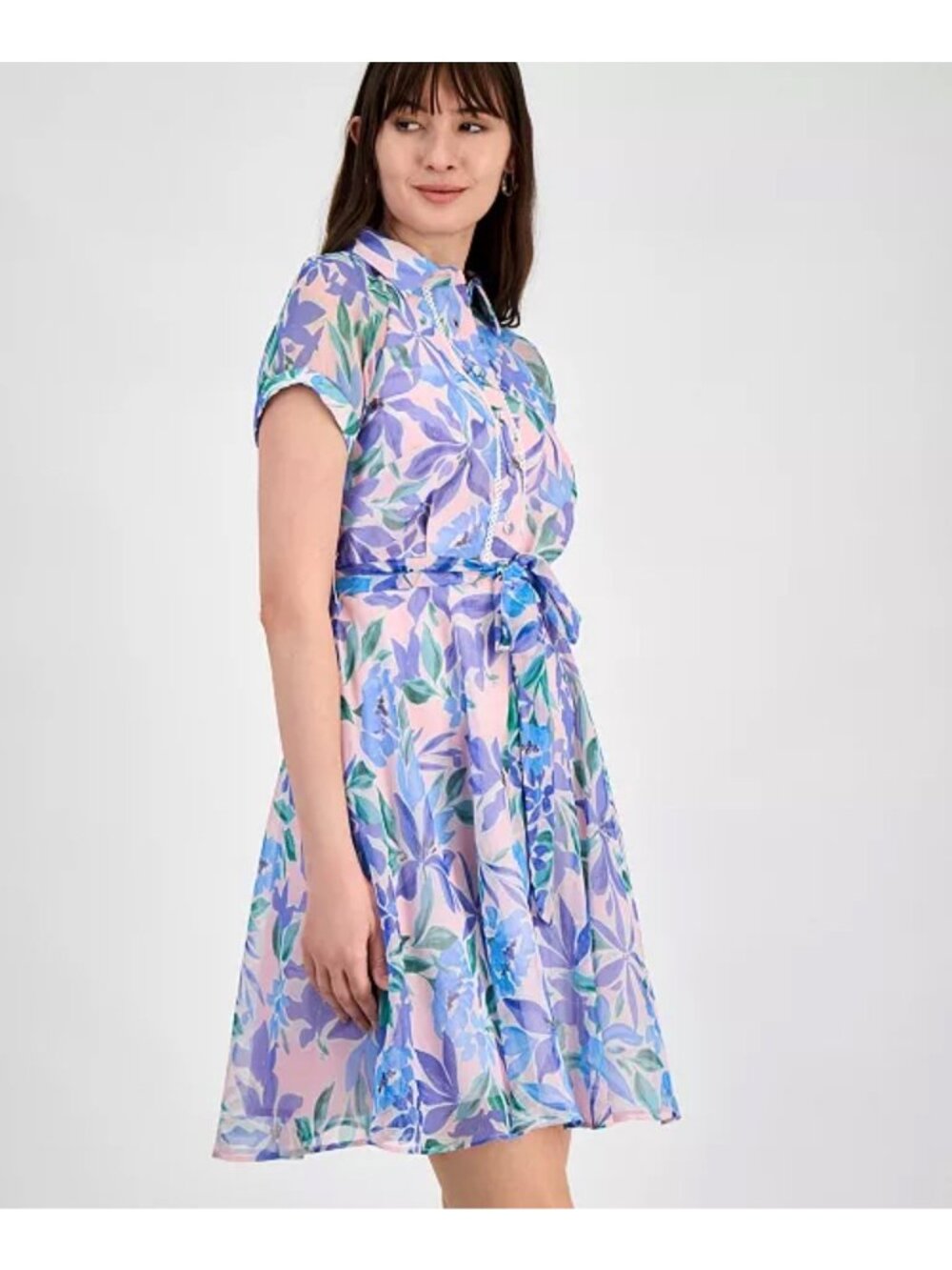 Tahari ASL Shadow-Striped Floral Print Belted Dress Size 8 - Picture 5 of 15